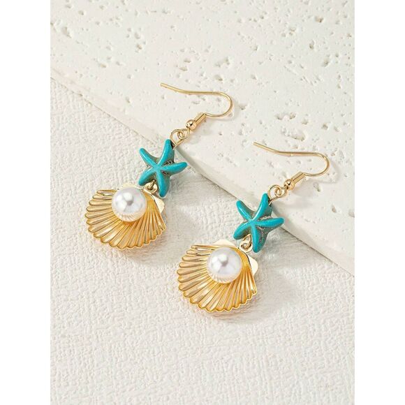 Turquoise Starfish & Shell Pearl Drop Princess Mermaid Beach Ocean Earrings - Picture 1 of 4